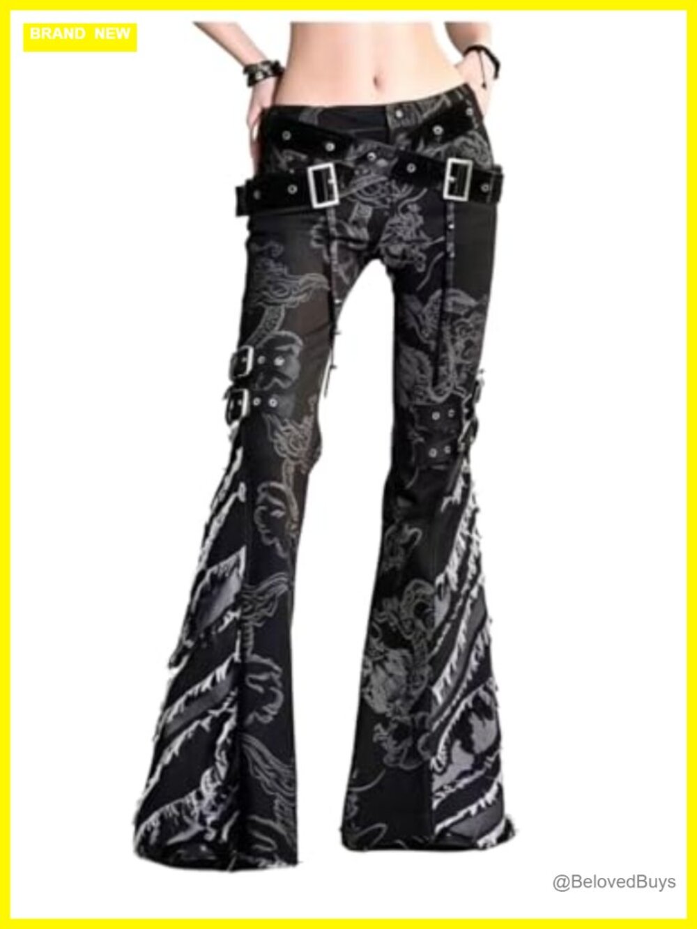 Y2K Punk Dragon Print Flare Jeans Low Rise Slim Fit with PU Belt Grunge